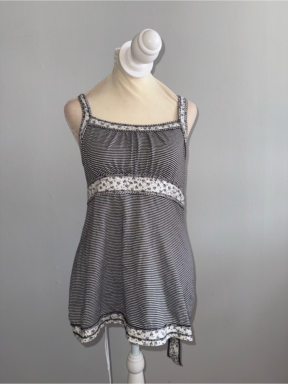 Energie Black and White Striped Tank with Floral Trim